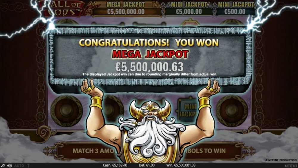 Skärmbild av Hall of Gods jackpott-vinst på 5,5 miljoner euro