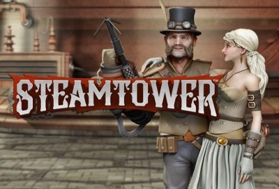 Steam Tower slot logo med huvudkaraktärer
