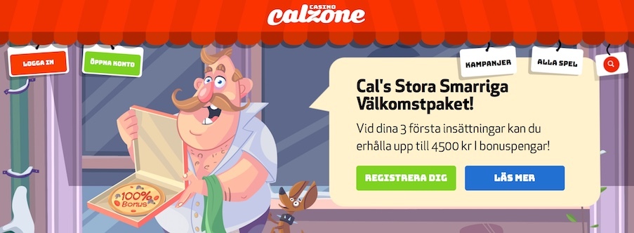 Calzone casinos hemsida visar en tjock tecknad man med mustasch som håller upp en pizza där det står skrivet 100% bonus med röd sås samt berättar om deras erbjudande via en pratbubbla