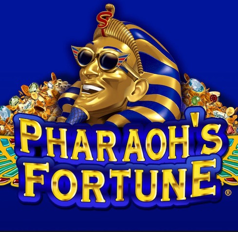 Logo för spelet Pharaoh's Fortune med en riktigt glad farao med solglasögon i fokus