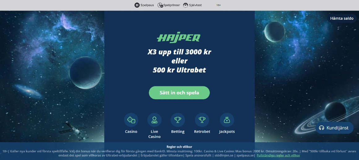 Startsida för Hajper casino Sverige