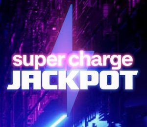 neon element med en blixt och texten "super charge jackpot"