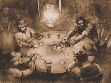 fyra män som sitter vid ett runt bord och spelar poker