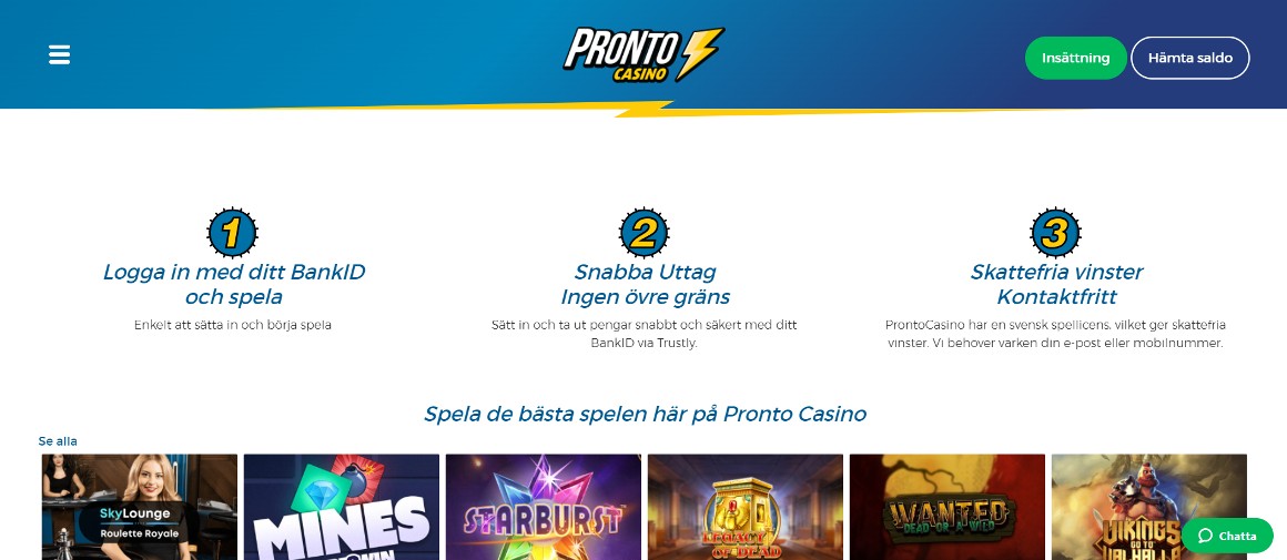 Pronto Casino startsida i Sverige