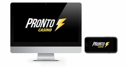 Dator och mobil med Pronto Casino logo på skärmen