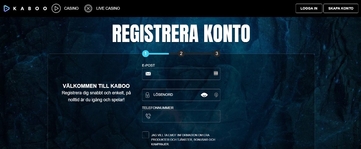 Sida för registrering hos Kaboo casino