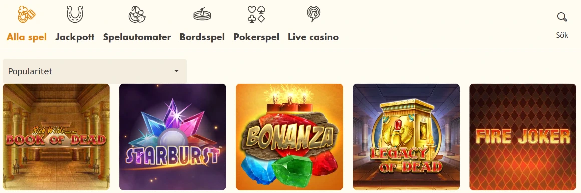 Spelutbud och kategorier hos Bertil online casino
