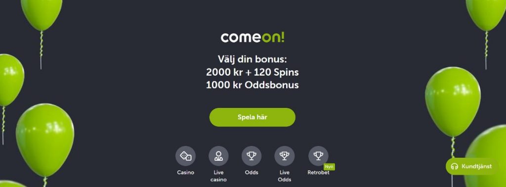 ComeOn bonus och spelkategorier på casinots första sida