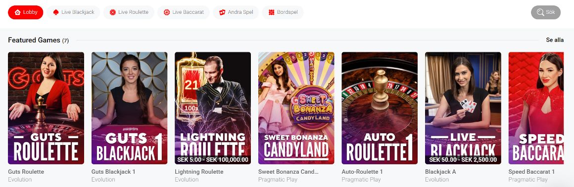 Olika live casino spel hos Guts Casino; Roulette, Blackjack och Sweet Bonanza Candyland