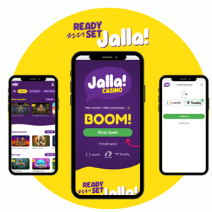 Jalla Casino mobilsida på tre olika mobila enheter med texten "Ready, Set, Jalla" överst