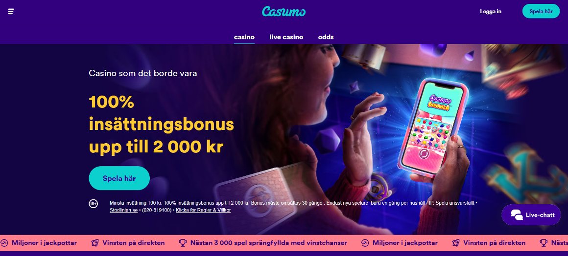 Casumo casino startsida för spelare i Sverige