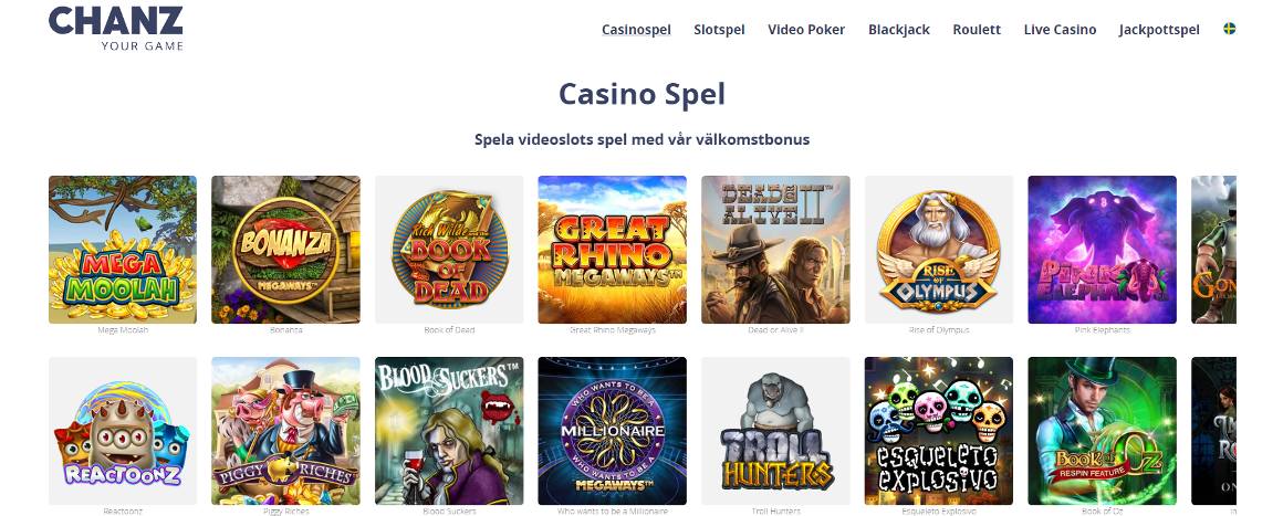 Populära spel hos Chanz casino, bland annat Book of Dead, Bonanza, och Mega Moolah