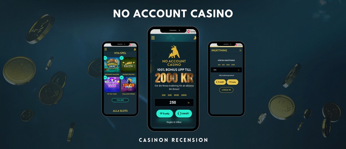 No Account Casino recension banner med mobilversionen av casinot på tre olika enheter