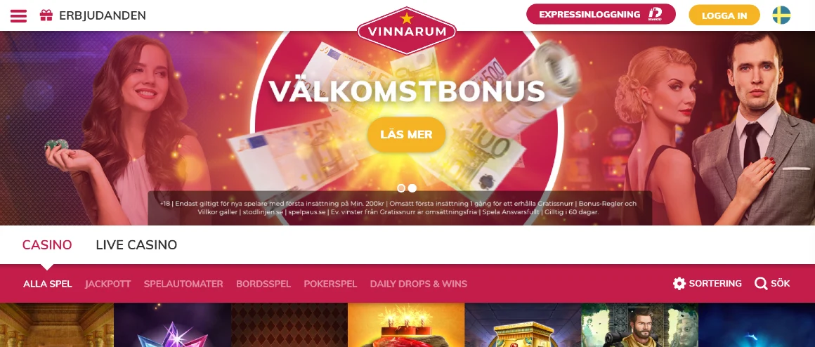 Jalla Casino hemsida med välkomstbonus text och huvudmeny med tre uppklädda personer