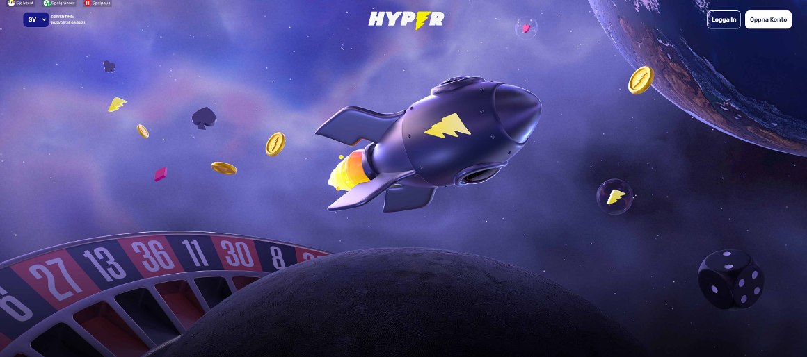 Hyper Casino startsida i Sverige med ett rymdskepp