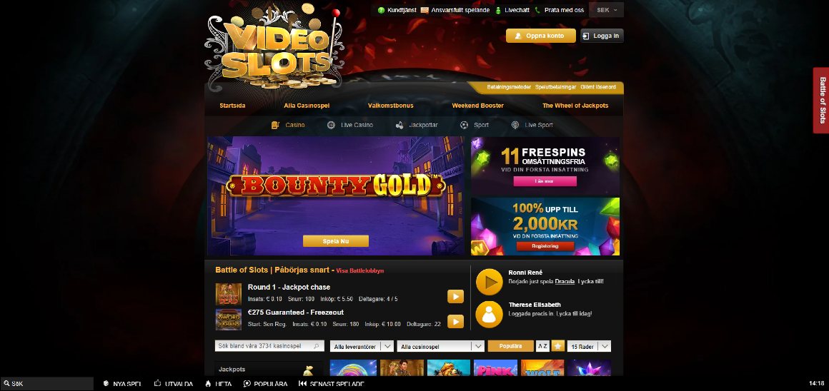 Videoslots casino hemsida med huvudmeny och nuvarande välkomstbonus