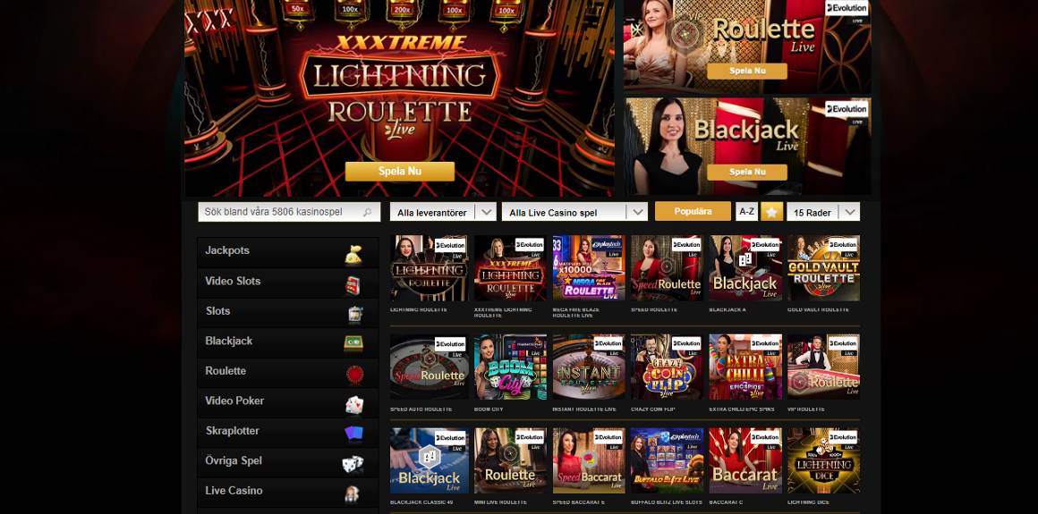 Videoslots utbud av live casinospel