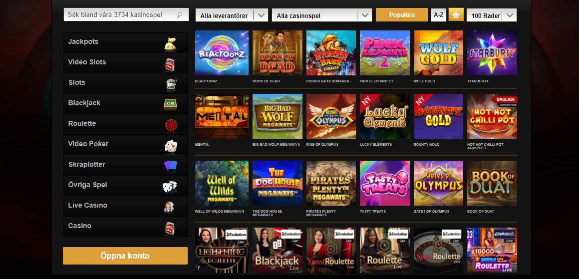 Utvalda spel och tillgängliga spelkategorier hos Videoslots casino