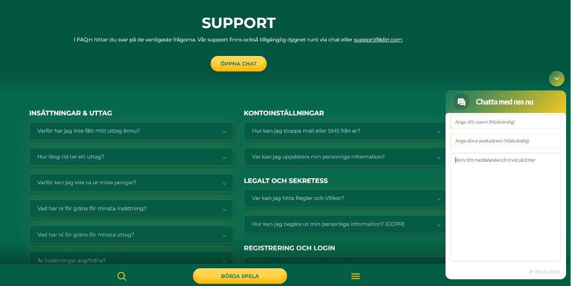 Klirr Casino support och FAQ