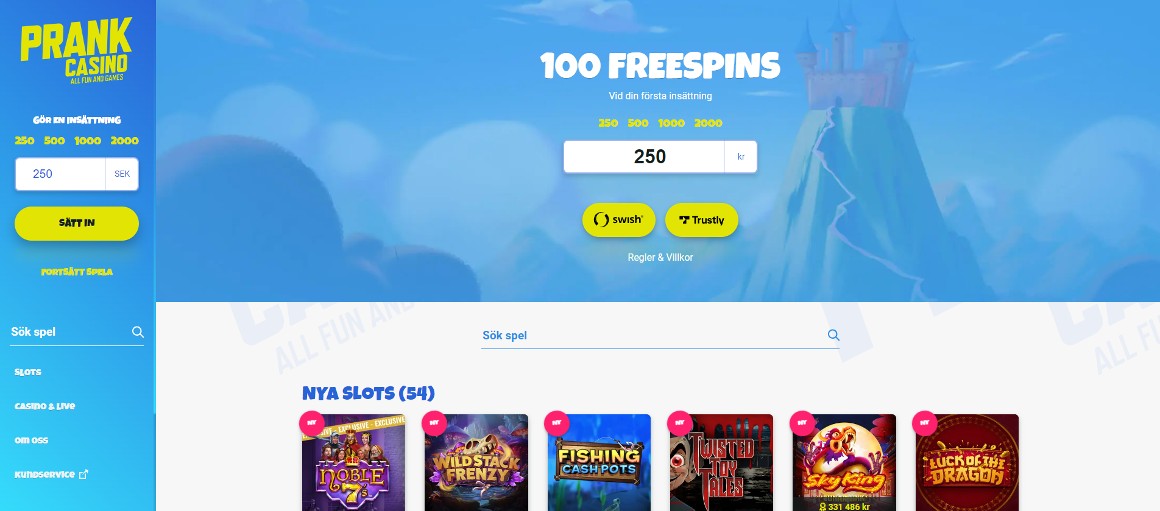 Prank Casino startsida och free spins bonus