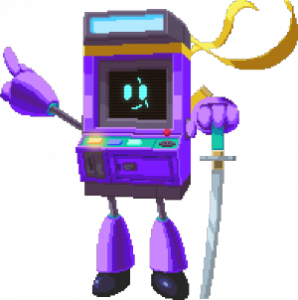 Pixelbet maskot med en gul bandana och ett svärd