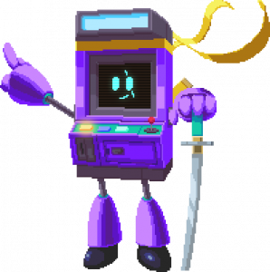 Pixelbet lila robotmaskot med ett svärd