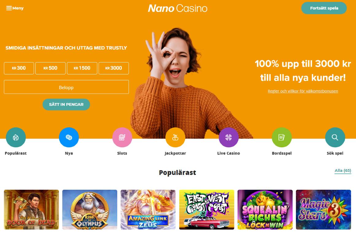 Nano casino startsida med direktinsättning, spelkategorier, populära spel och deras nuvarande välkomstbonus på 100% upp till 3000 kr