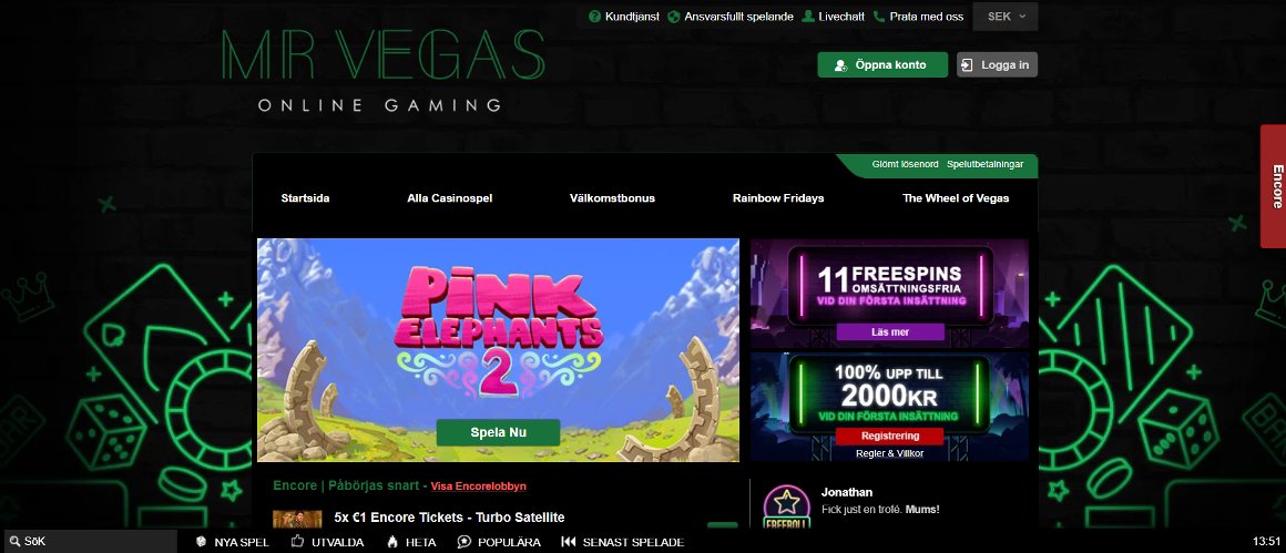 Startsida för Mr Vegas Sverige med huvumeny och registrering