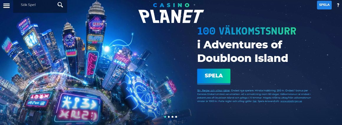 Casinoplanet Sverige hemsida med välkomsterbjudande på 100 free spins