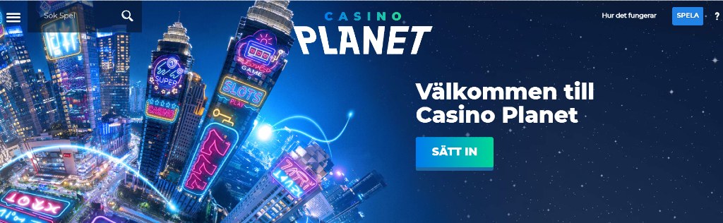 En storstad under natten upplyst av neonljus med casino-tema och en välkomnande text från Casino Planet