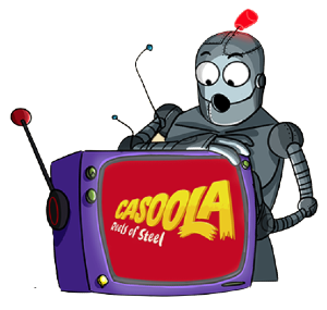 En robot som håller om en äldre tv som visar "Casoola"-ikonen på skärmen