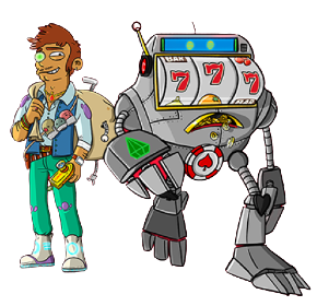Karaktärer från Casoola casino med ett futuristiskt robottema. Här ser du en slotrobot och en cyborg brevid varandra.