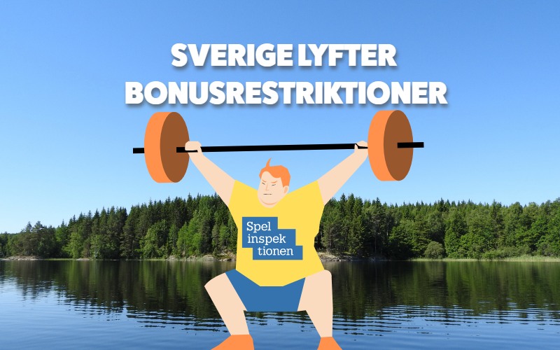 Sverige lyfter bonusrestriktionerna text framför Stockholm och en man i gul och blått som lyfter en viktstång