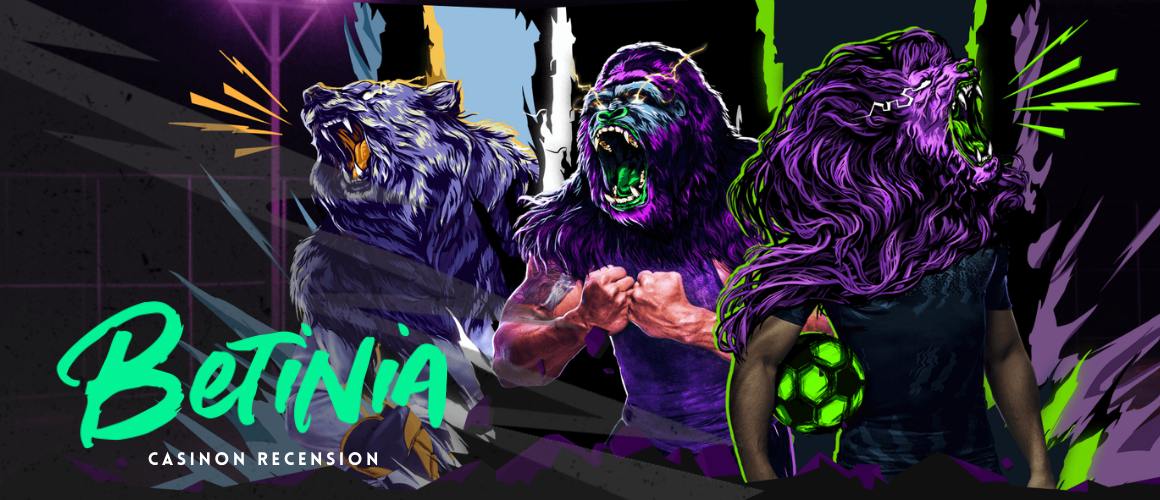 Betinia casino logo med texten Casinon recension tillsammans med tre vilda djur med människokroppar från Betinia hemsida