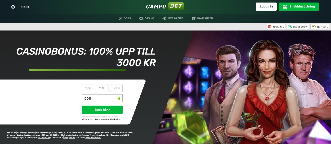 CampoBet Casino Sverige startsida med nuvarande bonuserbjudanden