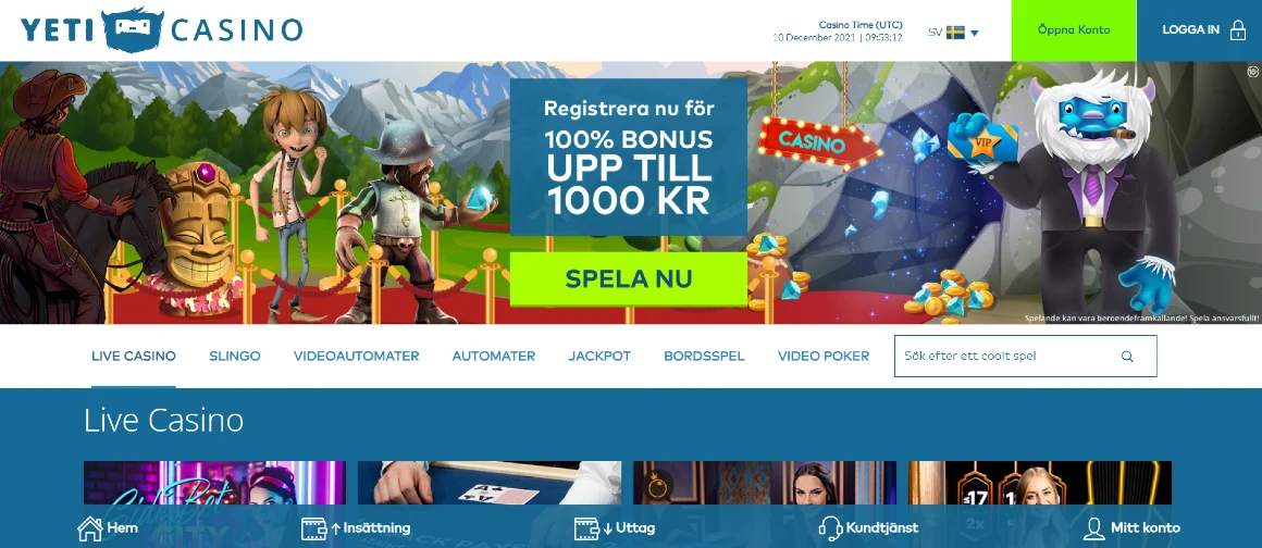Startsida för Yeti Casino Sverige