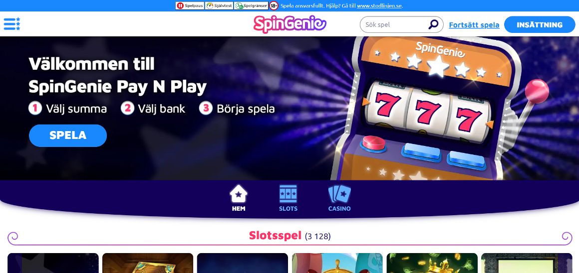 Startsida för Spingenie casino i Sverige