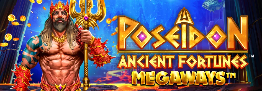 Ancient Fortunes: Poseidon Megaways slot logo och huvudkaraktär