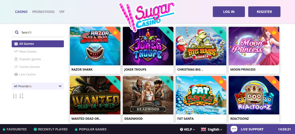 Sugar Casino hemsida och spelutbud