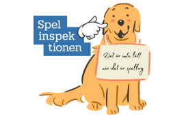 Spelinspektionen logo petar på en tecknad hund som bär en skylt med texten "det är inte lätt när det är svårt"