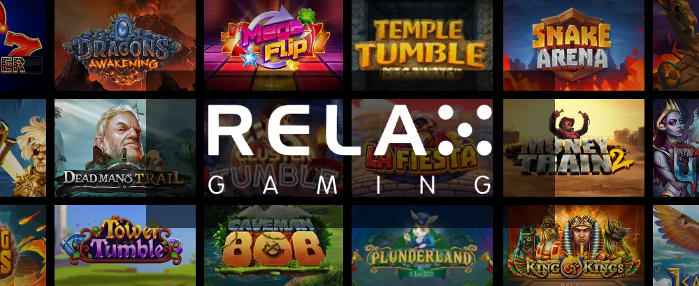 Relax Gaming logo framför ett rutnät av olika slot från spelutvecklaren