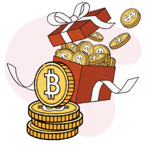 Illustrerad bild med ett paket fyllt med guldmynt bakom staplade bitcoins - för att symbolera en bitcoin bonus