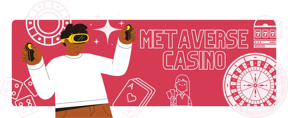Metaverse casino text brevid en tecknad person som spelar casino spel med hjälp av en VR-hjälm