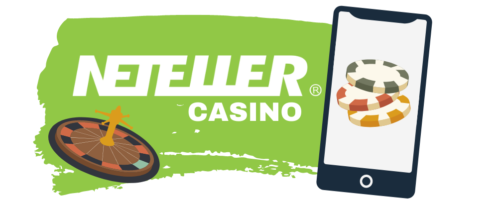 Neteller Casino logo med ett roulette-hjul och spelmarker på en mobiltelefon
