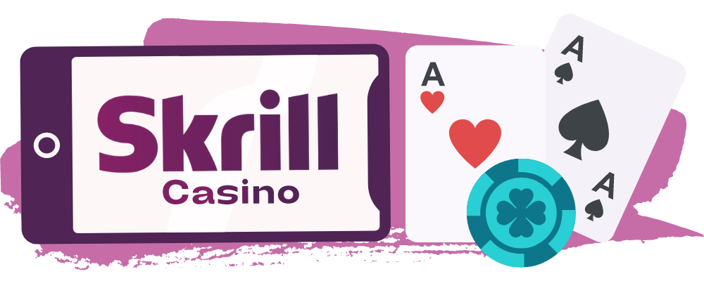 En mobiltelefon med texten Skrill Casino tillsammans med två spelkort och en spelmarker