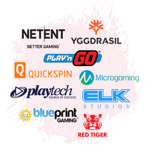 Logotyper från olika spelutvecklare såsom NetEnt, Play'n GO, Yggdrasil, Quickspin, Microgaming, ELK Studios, Playtech, Blueprint Gaming och Red Tiger Gaming