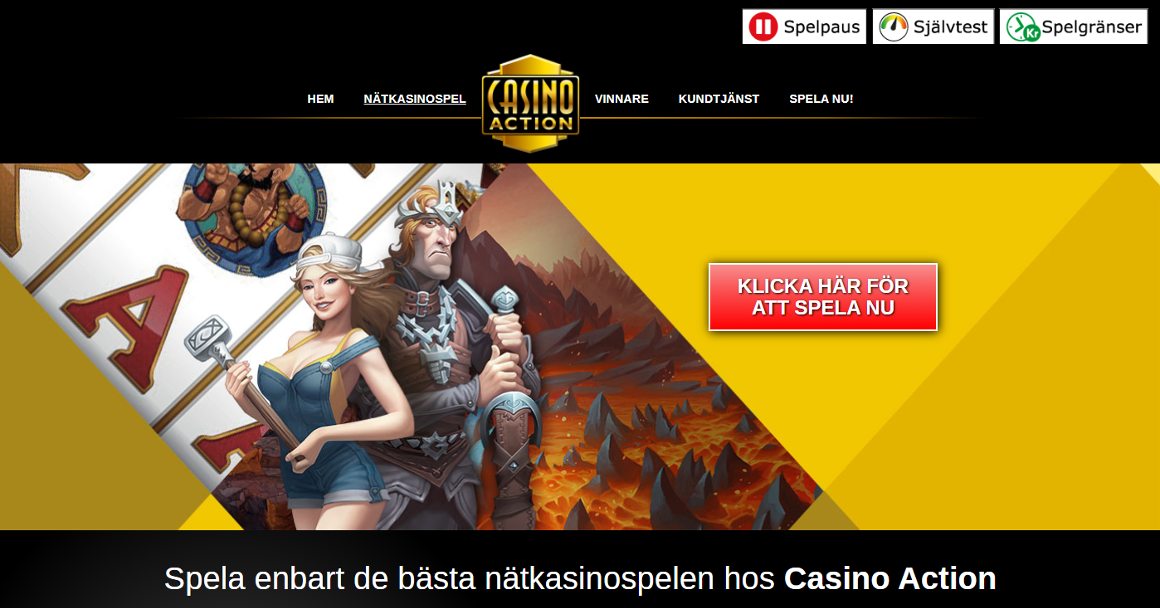 Casinoaction SE sida med huvudmeny och spelkaraktärer vid en Spela nu-knapp