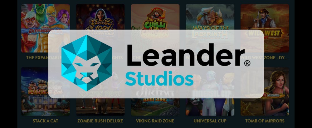 Leander Games logo framför olika Leander Games slots