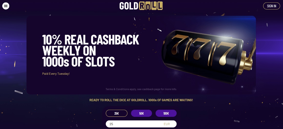 Gold roll startsida och cashback bonus