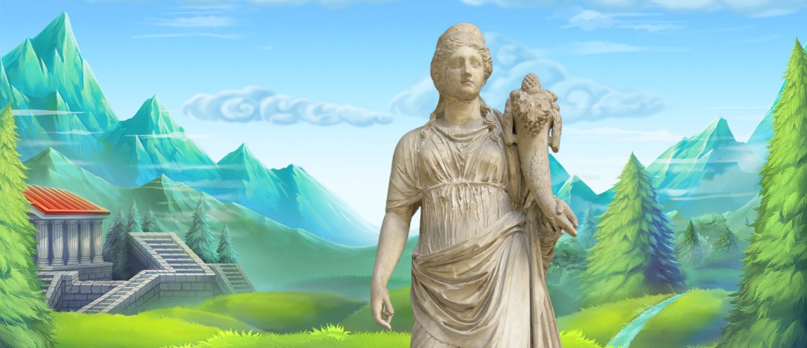 Staty av Fru fortuna framför en spelbakgrund